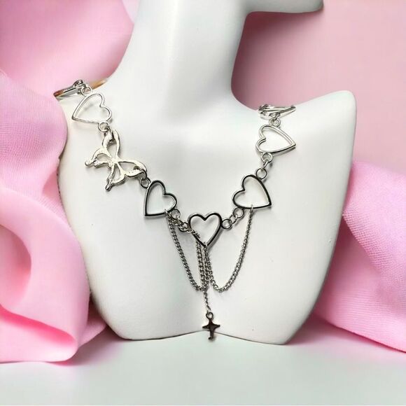 Silver Heart & Butterfly / Cross Dangle Necklace l New - Picture 11 of 11